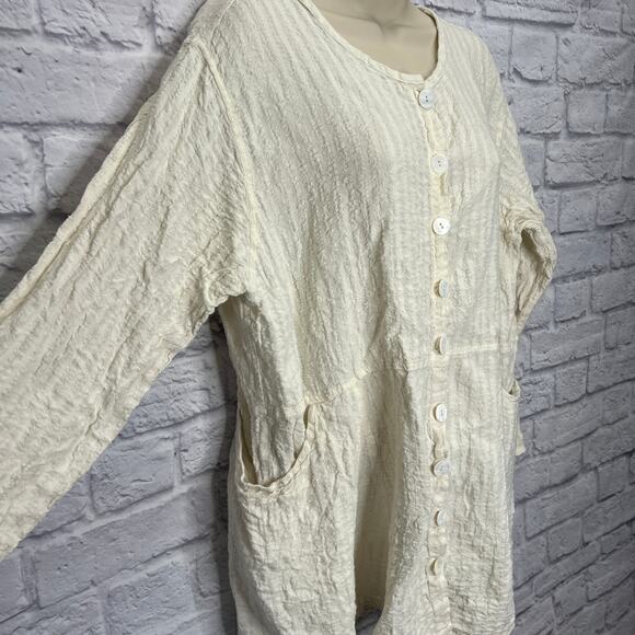FLAX Linen Cardigan Shirt Size S Ivory White Button Front Long Sleeve Ribbed - Picture 2 of 6